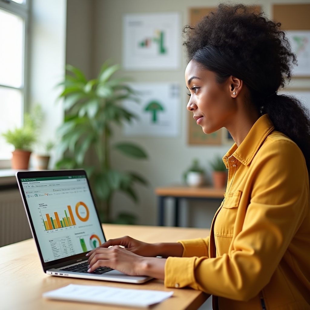 Dashboard Excel cu grafice dinamice afișat pe ecranul unui laptop